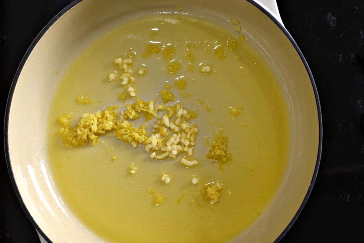 Lemon zest, minced garlic, butter and oil in a large skillet. 