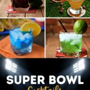 Super Bowl graphic with four squares filled with different colored drinks and image of stadium across the bottom.