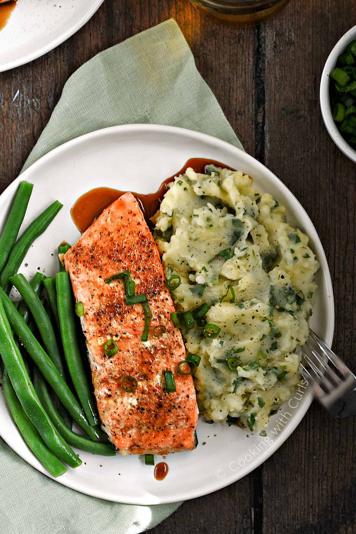 Guinness Glazed Salmon with Irish Champ Potatoes and green beans.