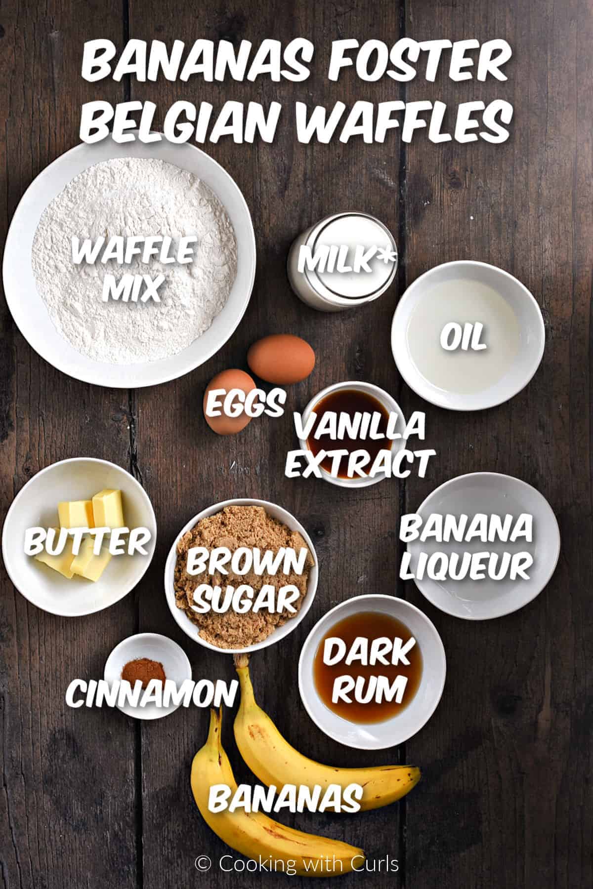Ingredients to make Bananas Foster Belgian Waffles. 