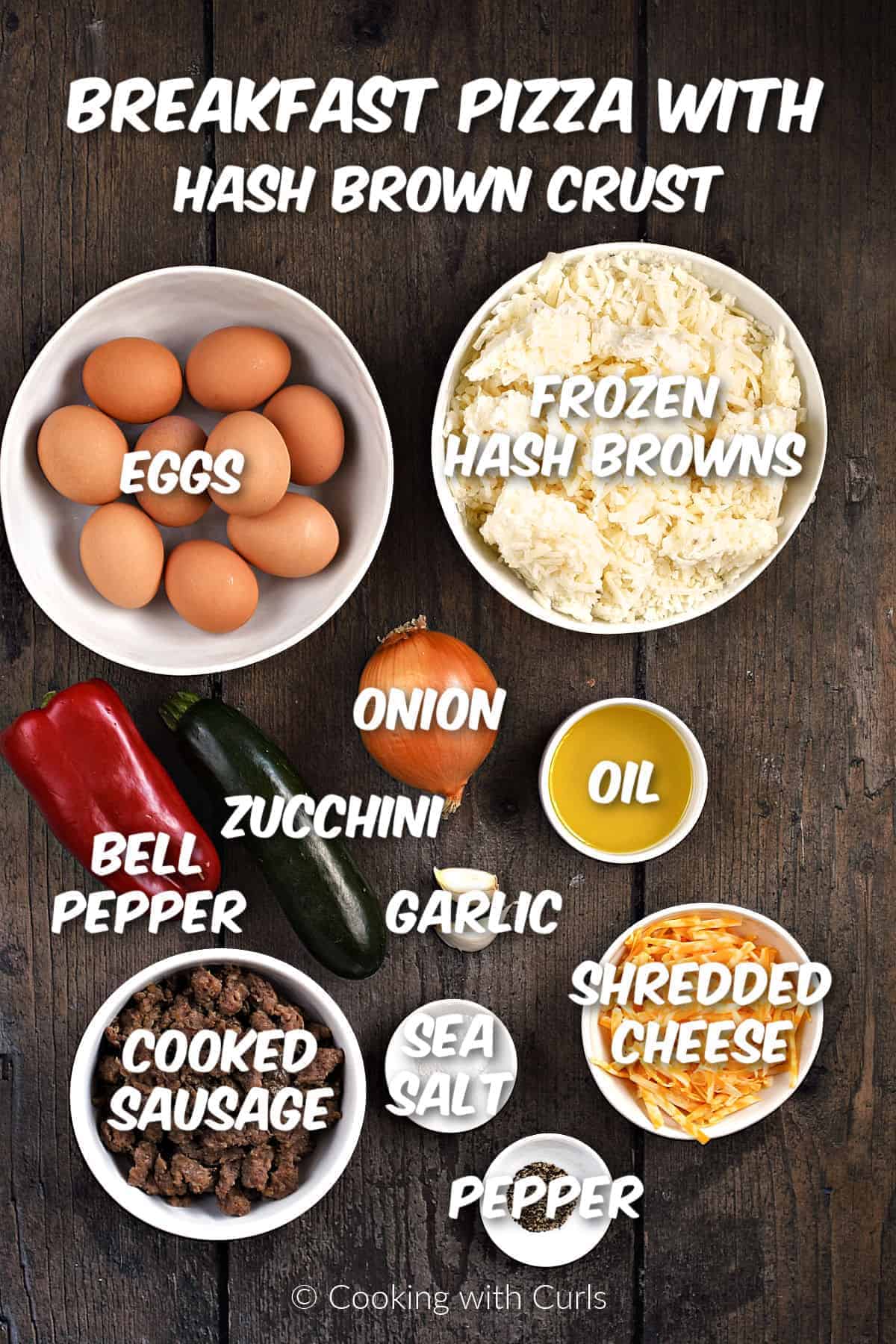 Ingredients to make Breakfast Pizza with Hash Brown Crust. 