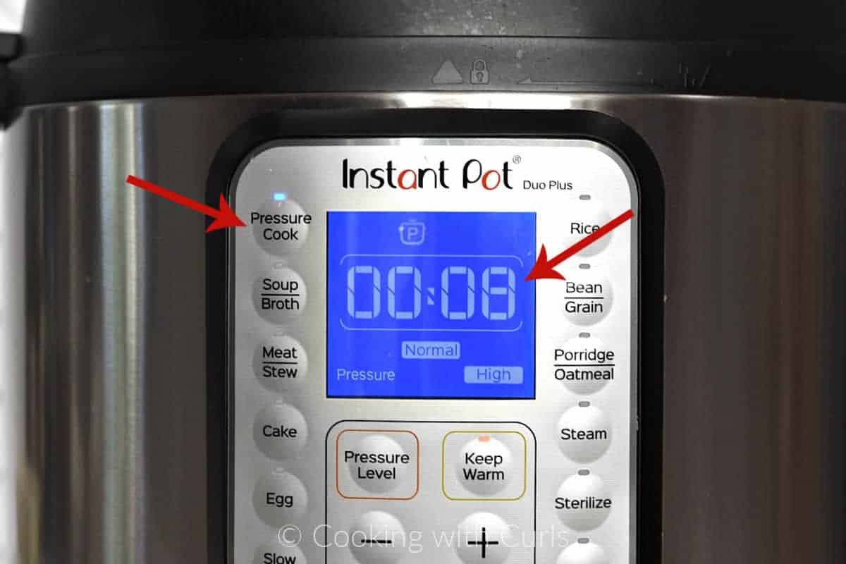 Instant Pot set to Pressure Cook High for 8 minutes. 