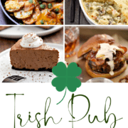 Irish Pub Food collage with four food images, a green shamrock, and title graphic across the bottom.
