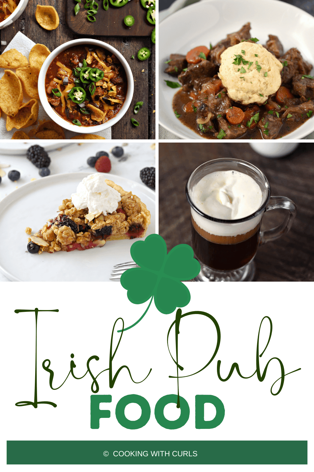Second Irish Pub Food collage with four food images, a green shamrock, and title graphic across the bottom.
