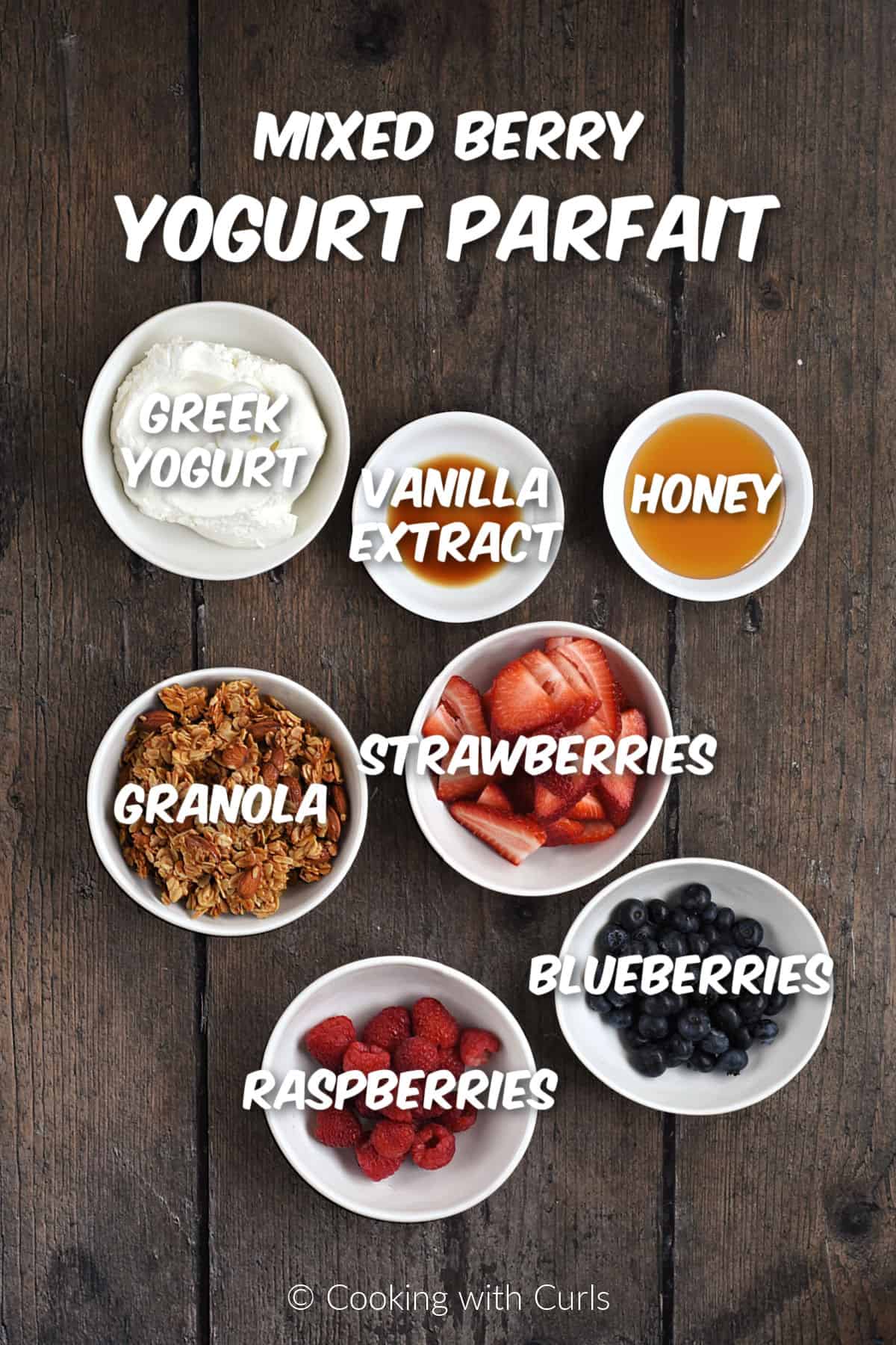 Ingredients needed to make mixed berry yogurt parfait.