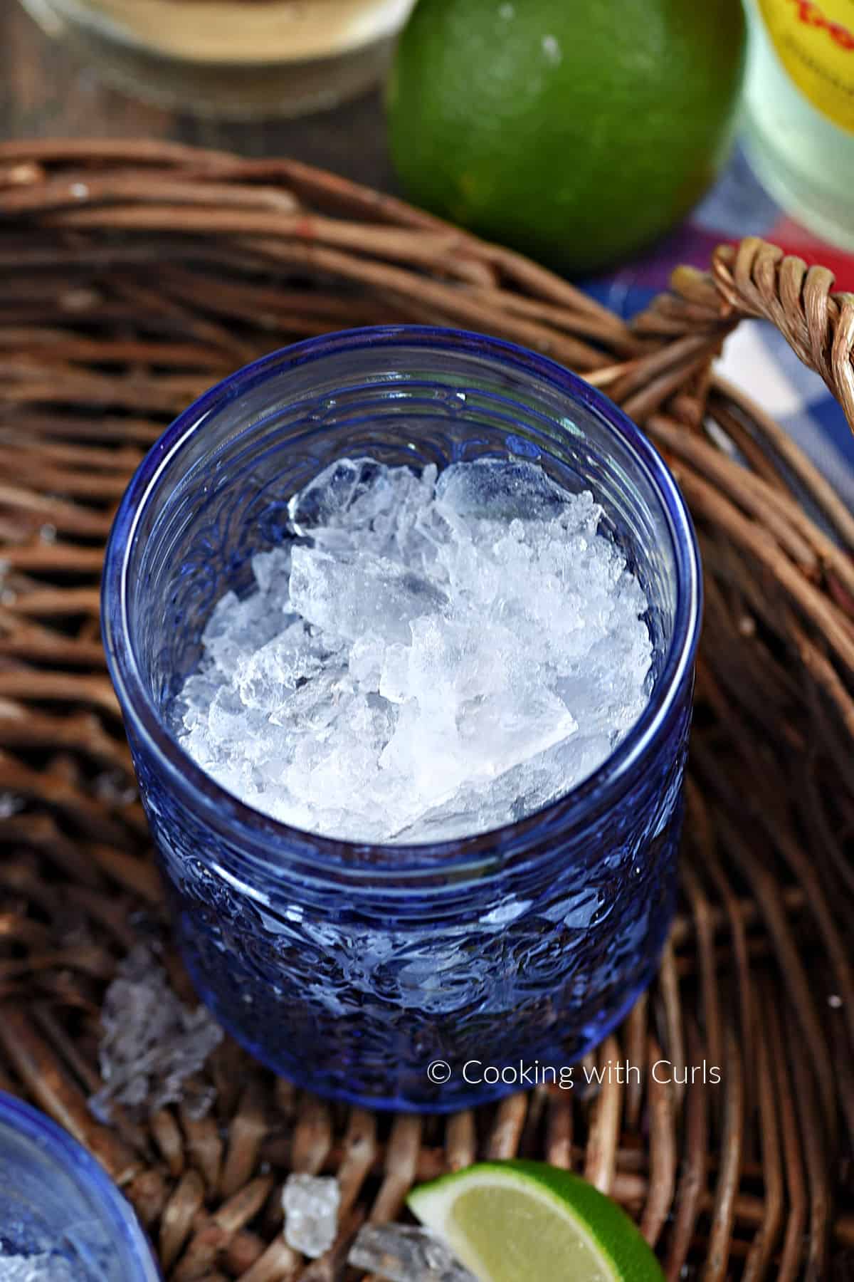 Crushed ice in a blue glass. 