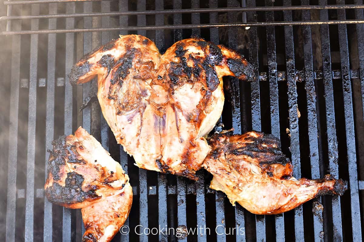 Cooked whole chicken flipped over breast side down on a gas grill. 