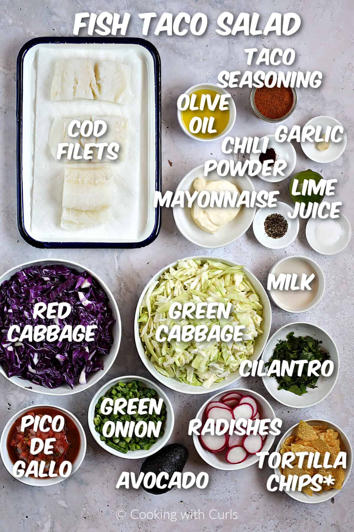 Ingredients to make fish taco salad. 