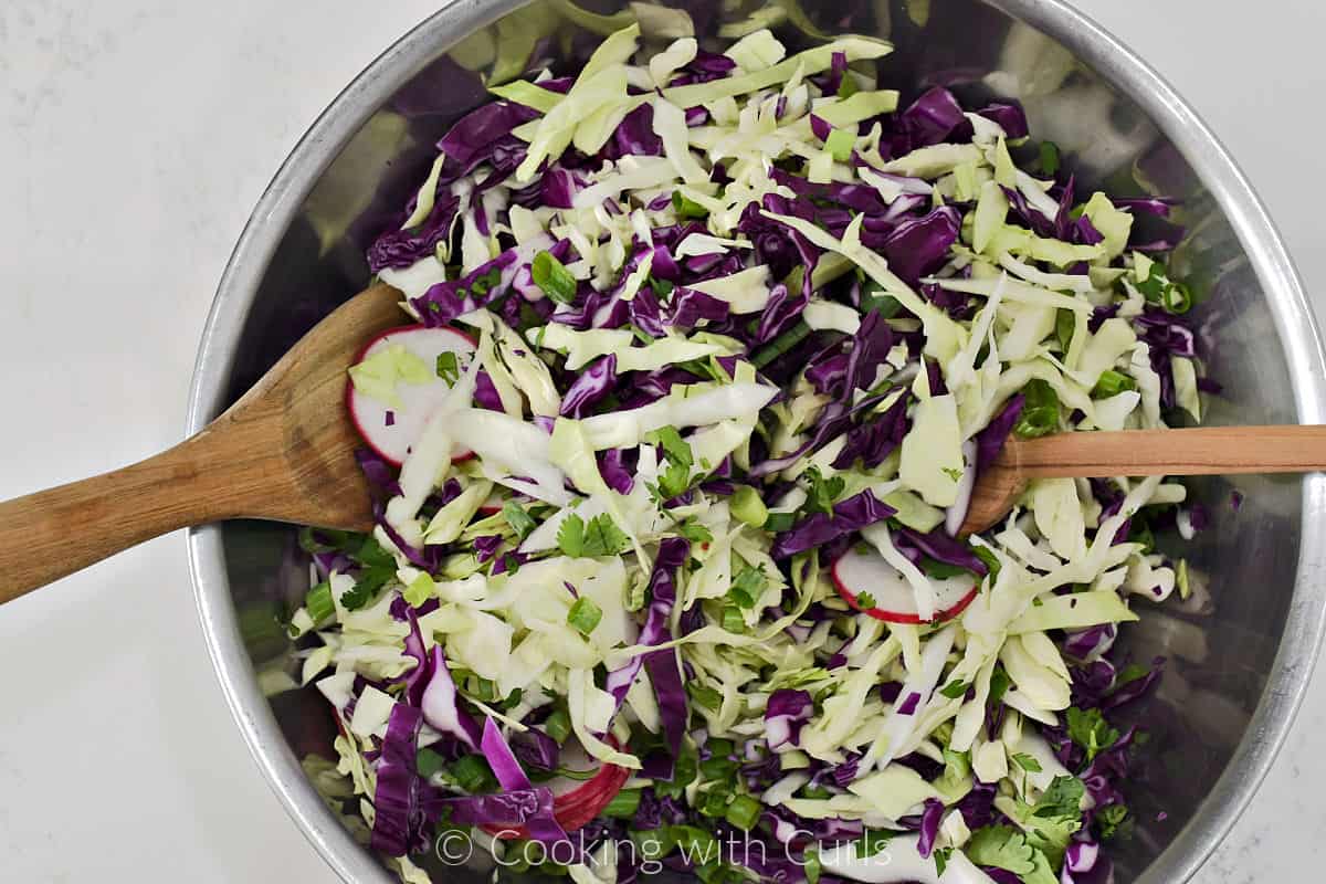 Shredded green and red cabbage, sliced radishes, chopped cilantro in a large mixing bowl. 