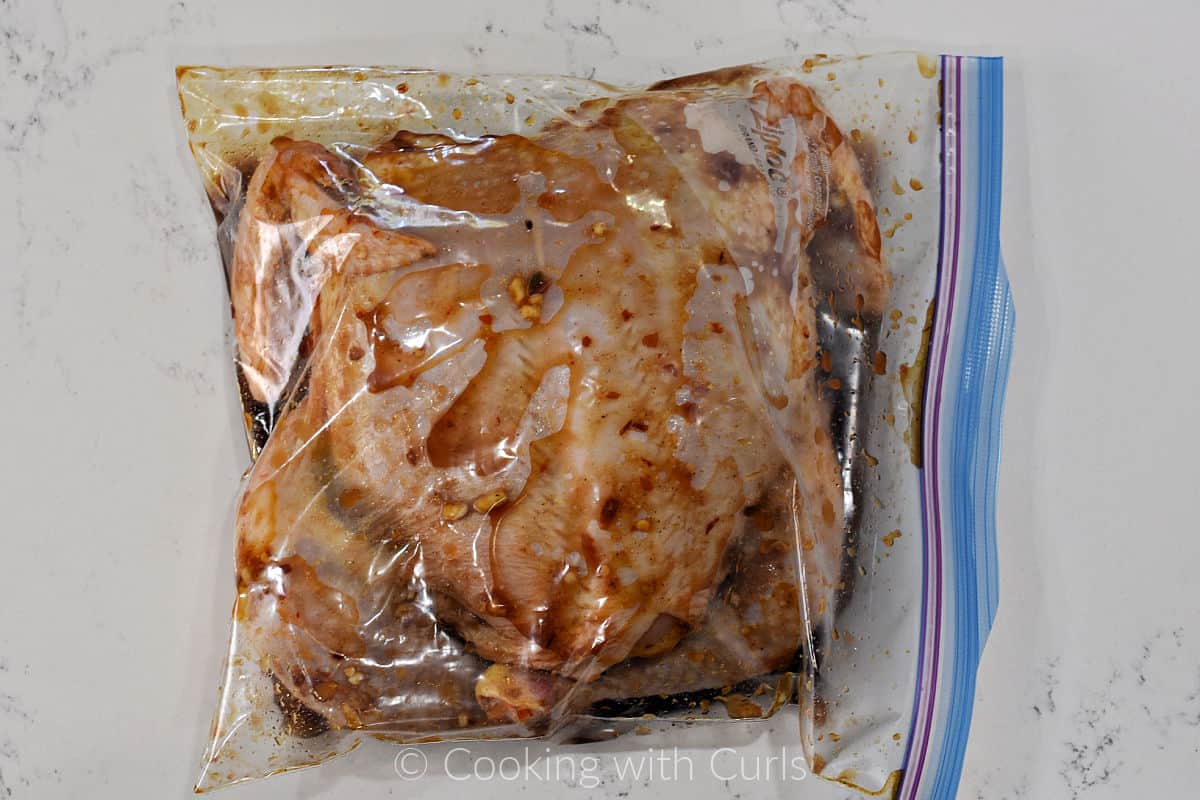 Whole raw chicken in a bag with Hawaiian marinade. 