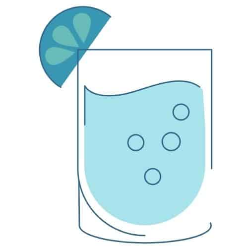 Dark blue outline of a cocktail glass with a light blue drink inside and a blue lemon on the rim.