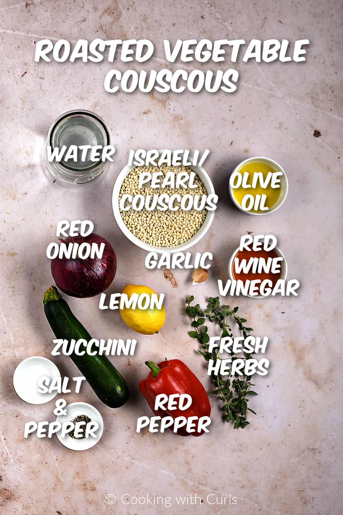 Ingredients needed to make roasted vegetable couscous. 
