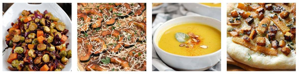 Winter Squash Collage with images of roasted acorn, butternut soup, pizza, and Brussels sprouts. 
