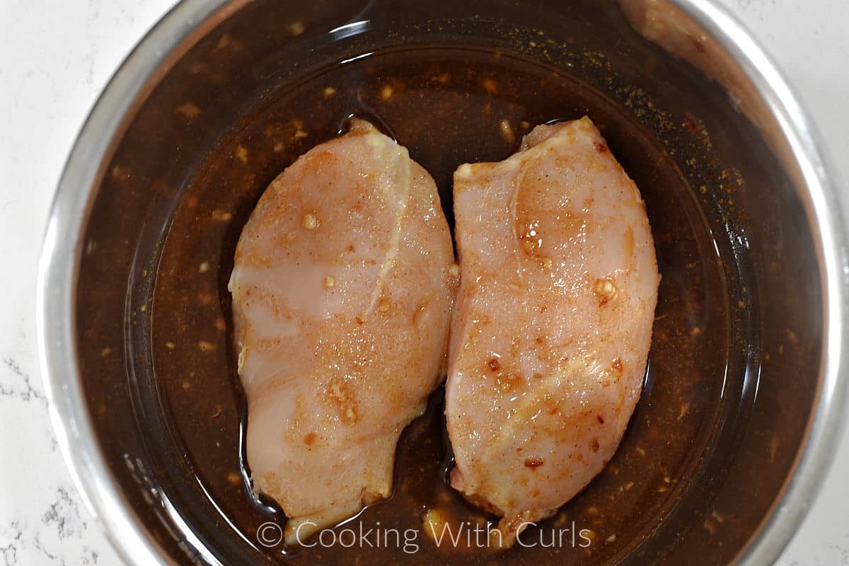 Asian marinade and two chicken breasts in a pressure cooker. 