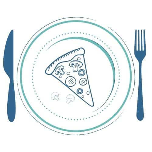 A slice of pizza on a plate with a knife and fork on the side.