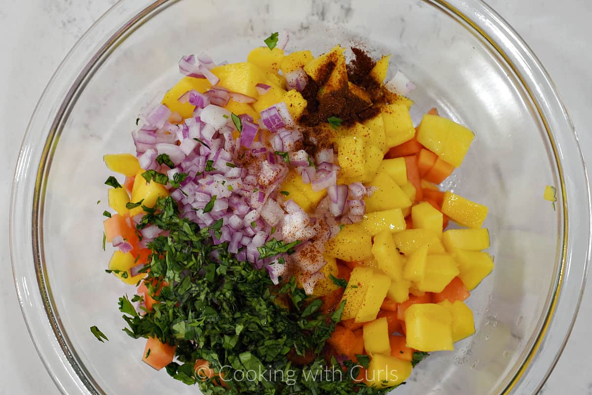 Chopped papaya, mango, red onion, cilantro, and chili powder in a mixing bowl. 