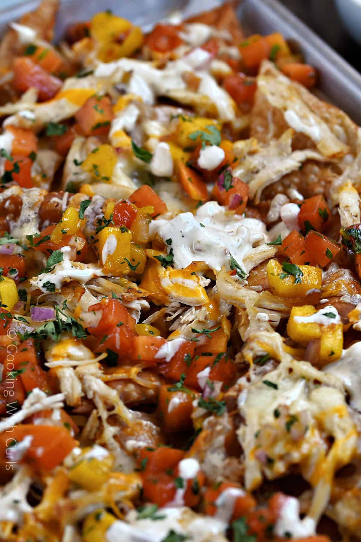 Close-up image of Asian Chicken Wonton Nachos drizzled with sauce in a baking pan. 