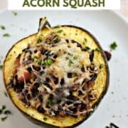 Looking down on a roasted acorn squash half stuffed with wild rice, apple, cranberries and cheese with title graphic across the top.