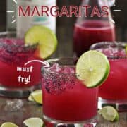 Three short glasses filled with bright pink prickly pear margarita with black salted rim and lime wheels for garnish and title graphic across the top.