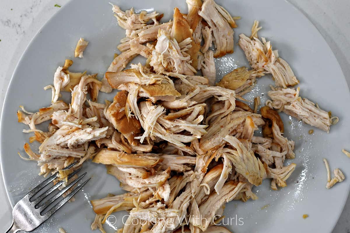 Shredded chicken breast on a plate with a fork on the edge. 