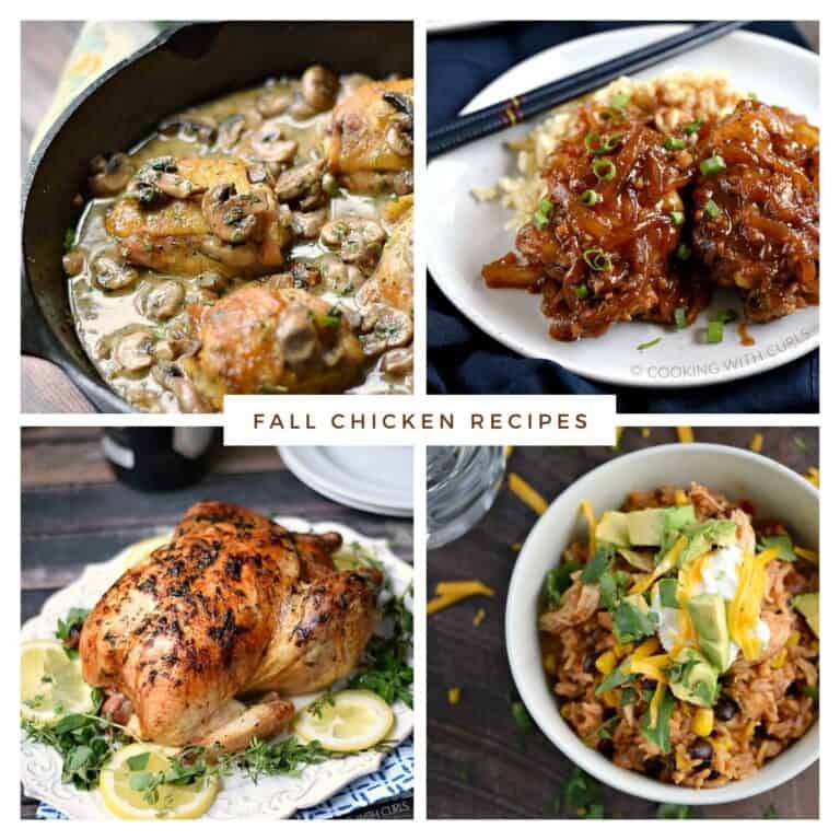 Collage showing four chicken recipes with title across the center.