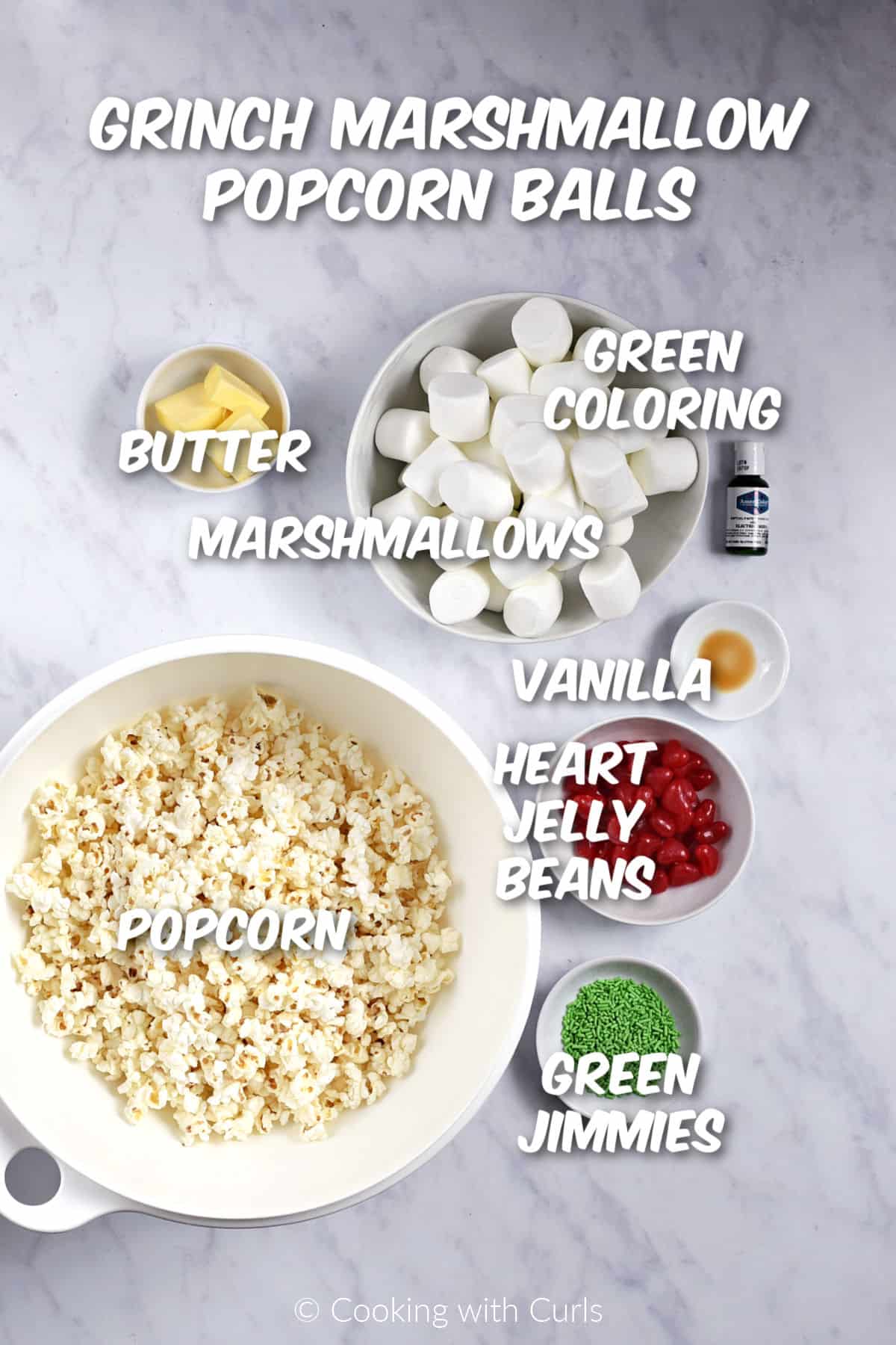 Ingredients needed to make Grinch marshmallow popcorn balls. 