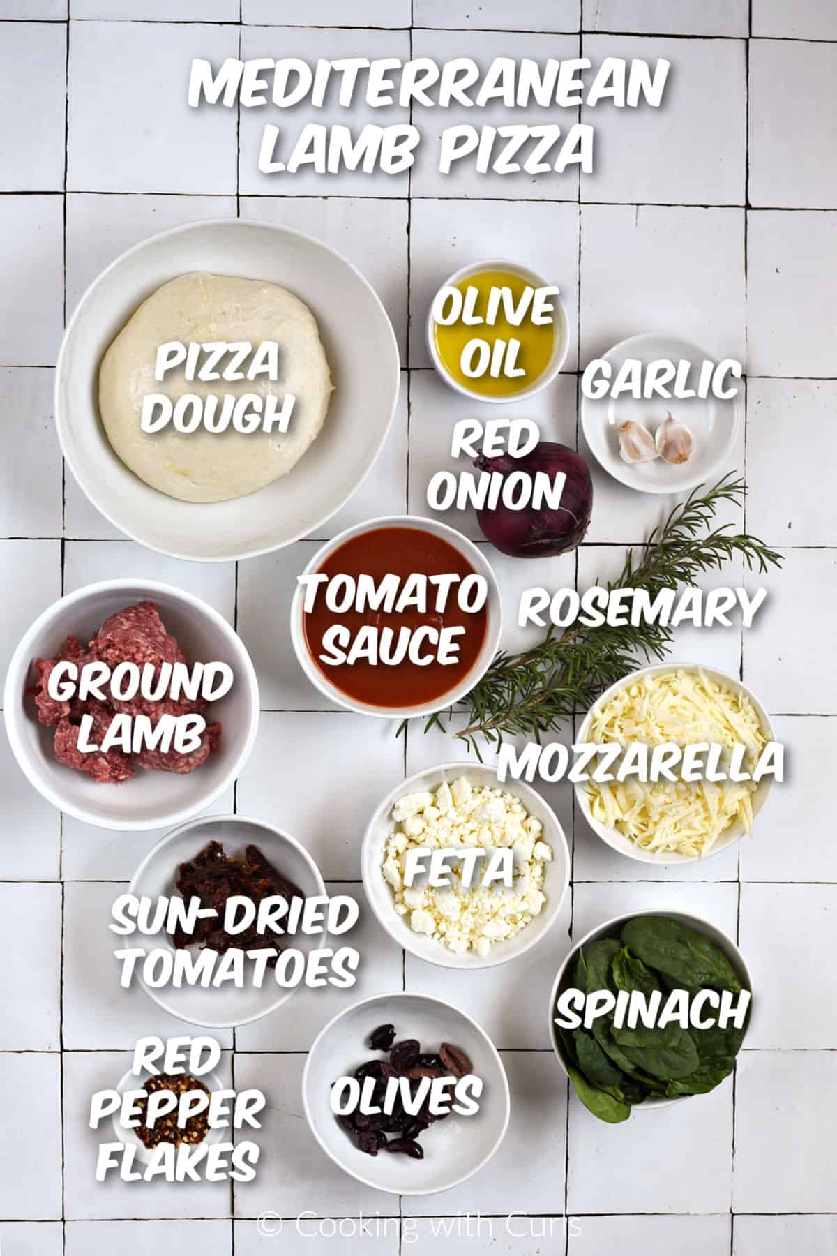 Ingredients needed to make Mediterranean Lamb Pizza. 