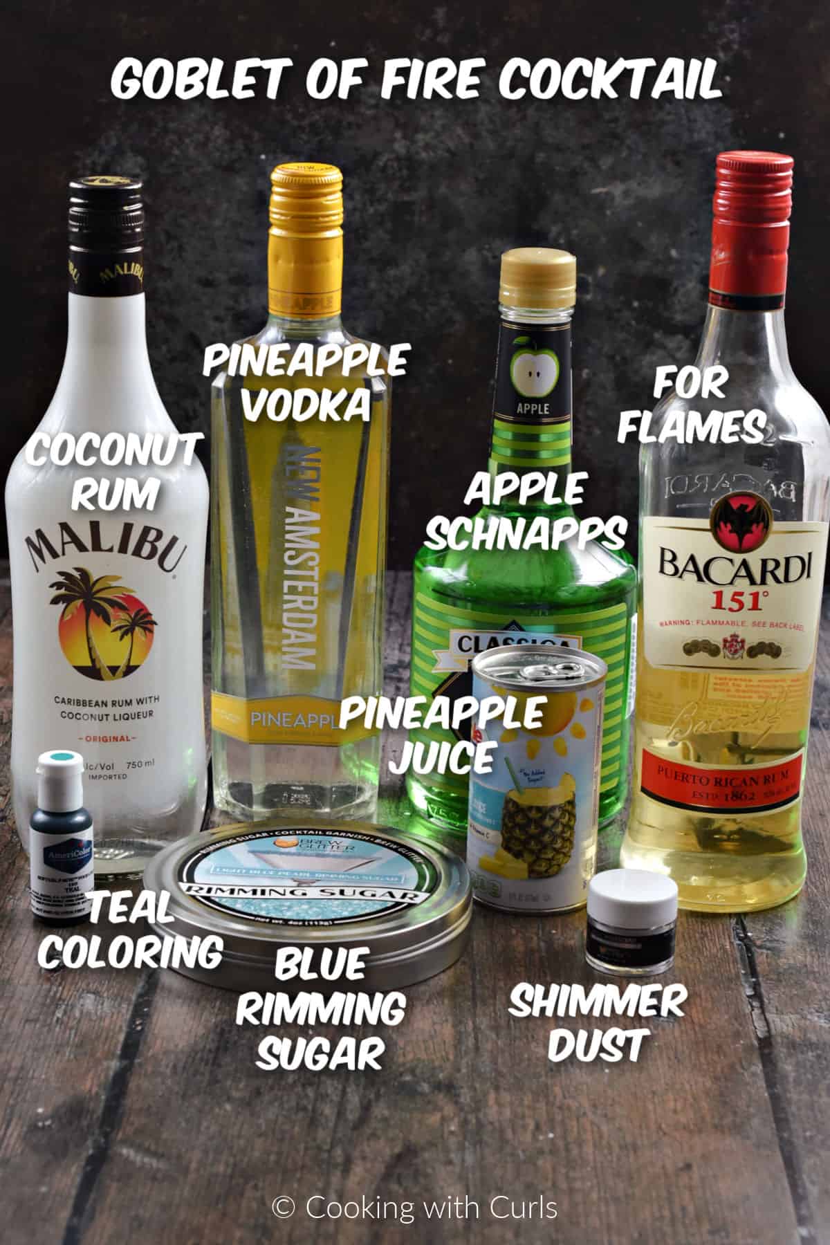 Ingredients needed to make a Goblet of Fire Cocktail. 