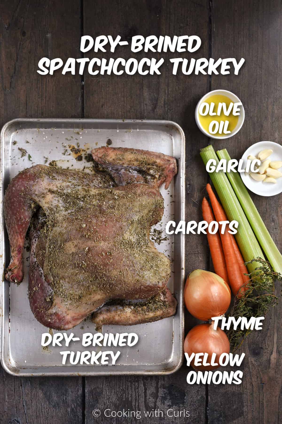 Ingredients needed to make dry-brined spatchcock turkey. 