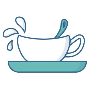 Blue graphic gravy boat with teal base and spoon.