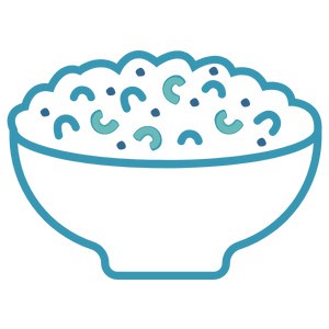Blue outline of a bowl filled with teal and blue noodles.
