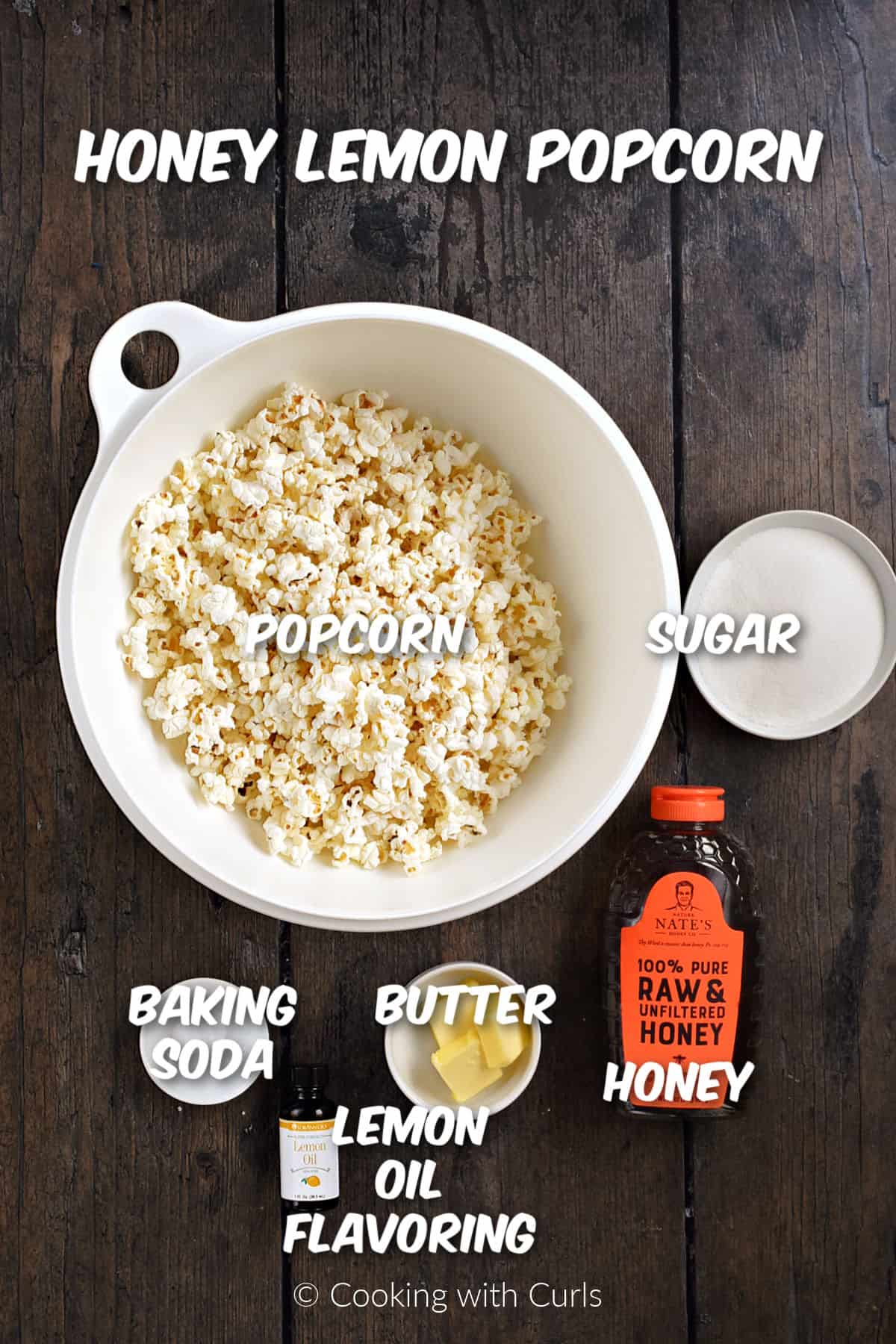 Ingredients needed to make Honey Lemon Popcorn. 