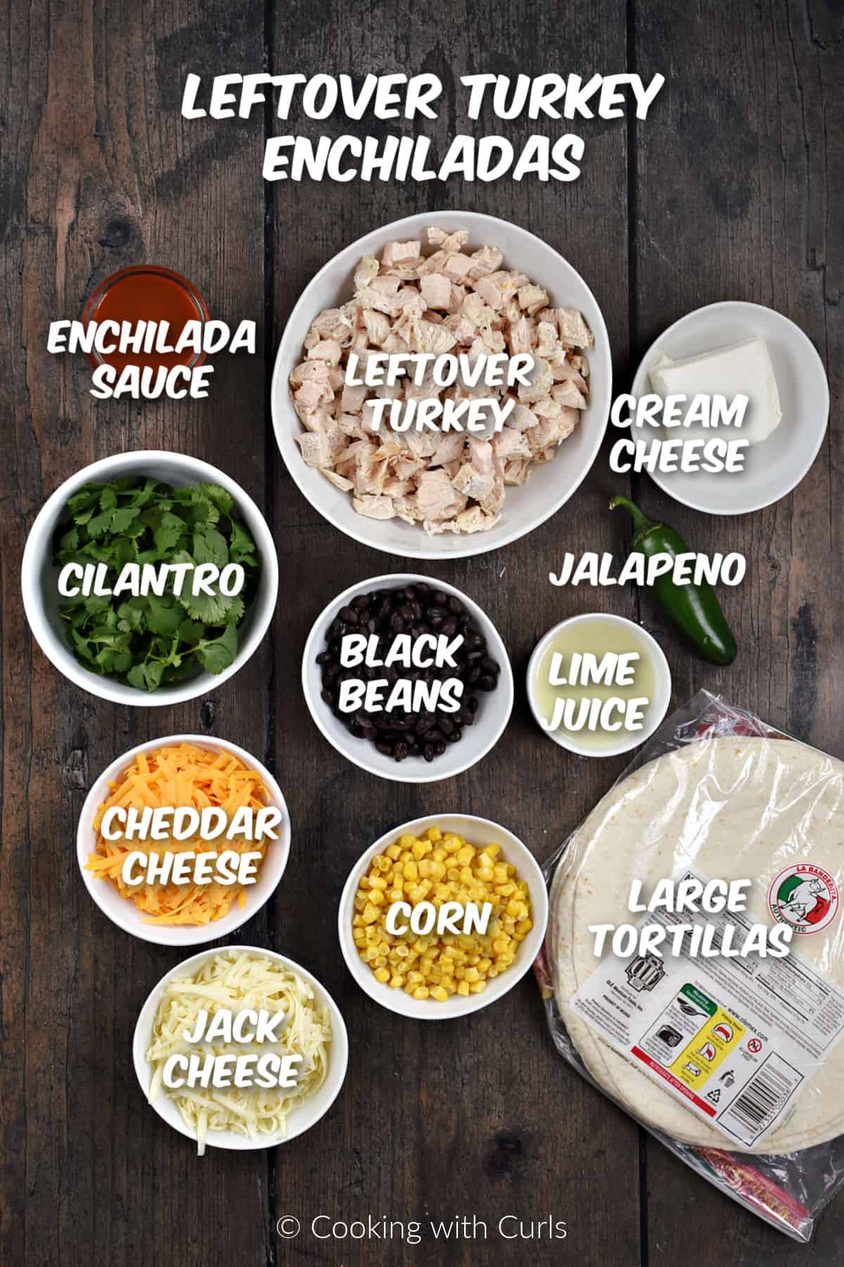 Ingredients needed to make leftover turkey enchiladas. 