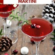 Two, red Christmas Martinis garnished with rosemary sprigs and cranberries surrounded by pine cones with title graphic across the top.