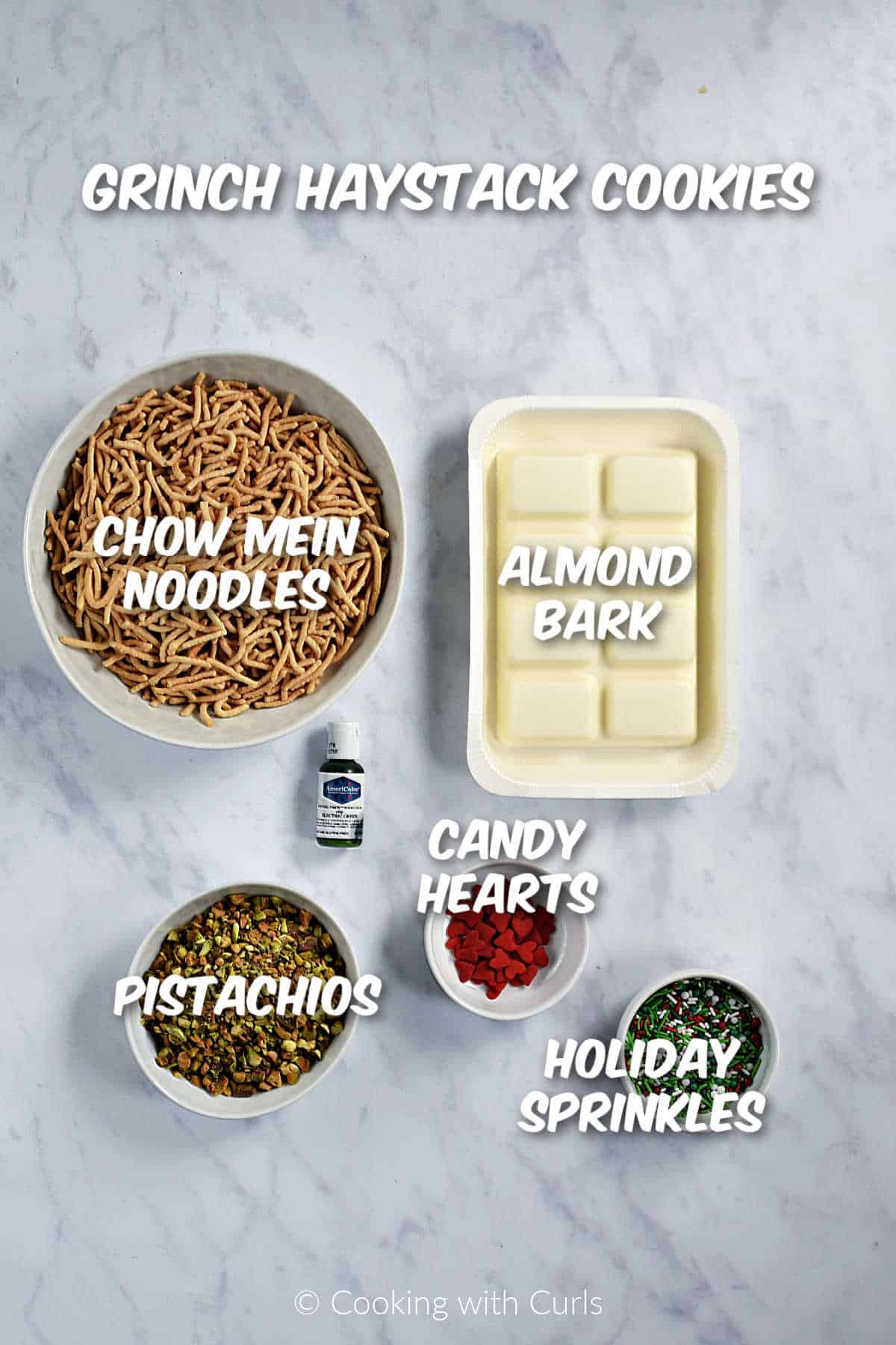 Ingredients needed to make Grinch Haystack Cookies. 
