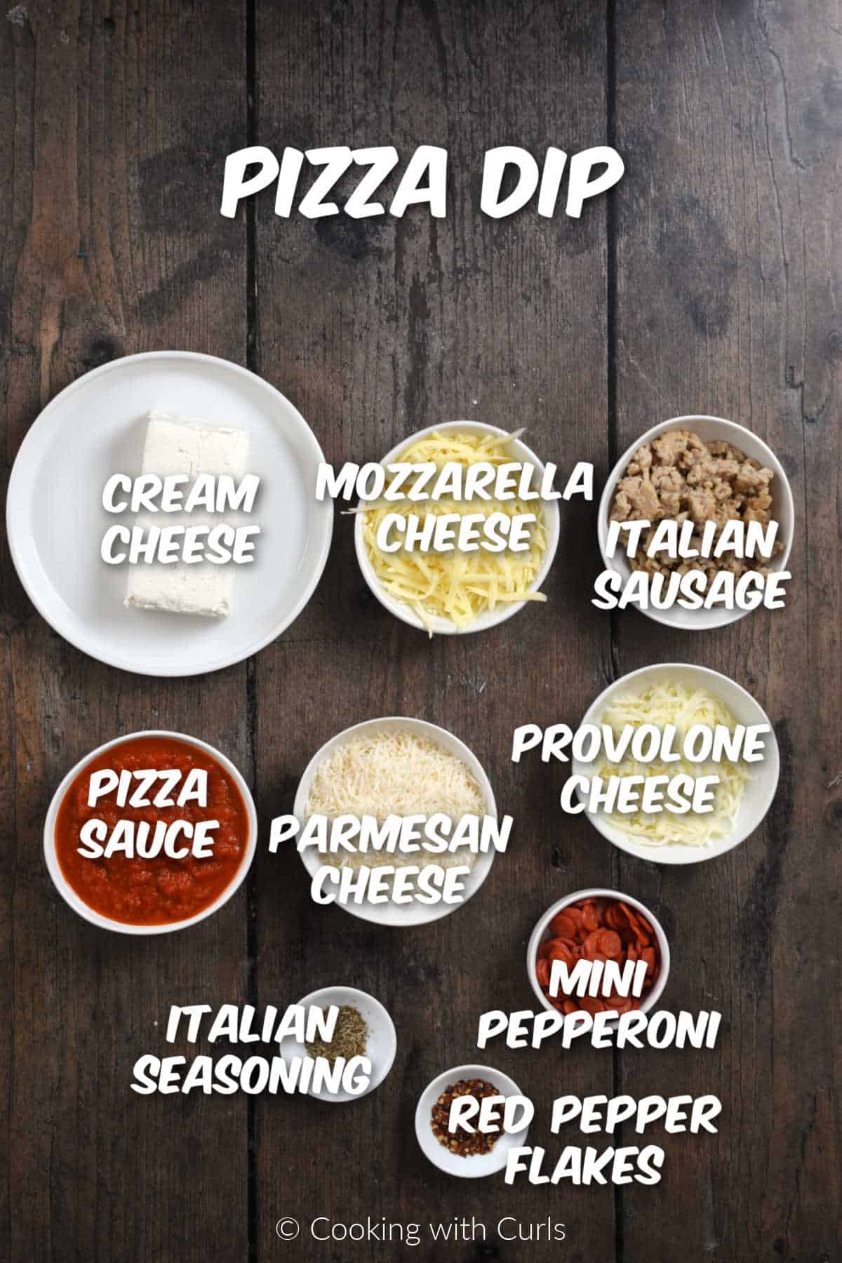 Ingredients needed to make pizza dip with cream cheese and pepperoni.