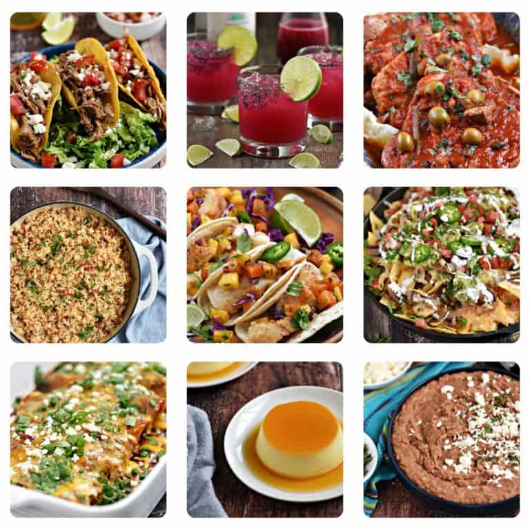 Cinco de Mayo collage of nine Mexican foods.