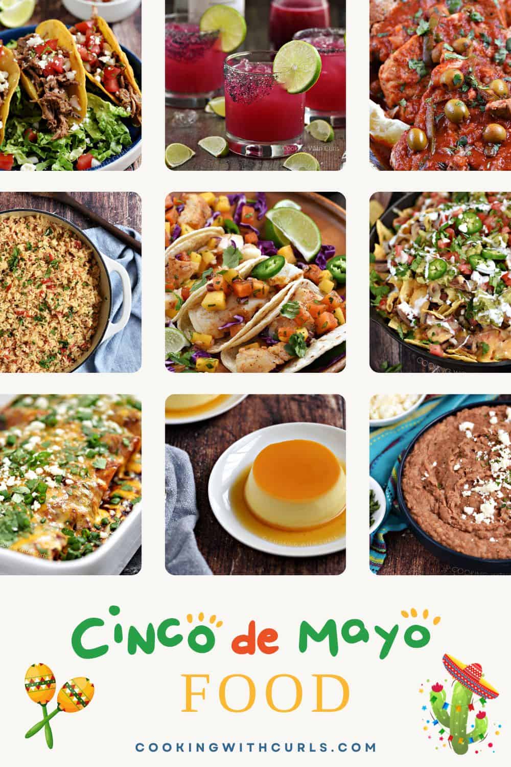 Cinco de Mayo Food collage of nine Mexican recipes with title graphic across the bottom.