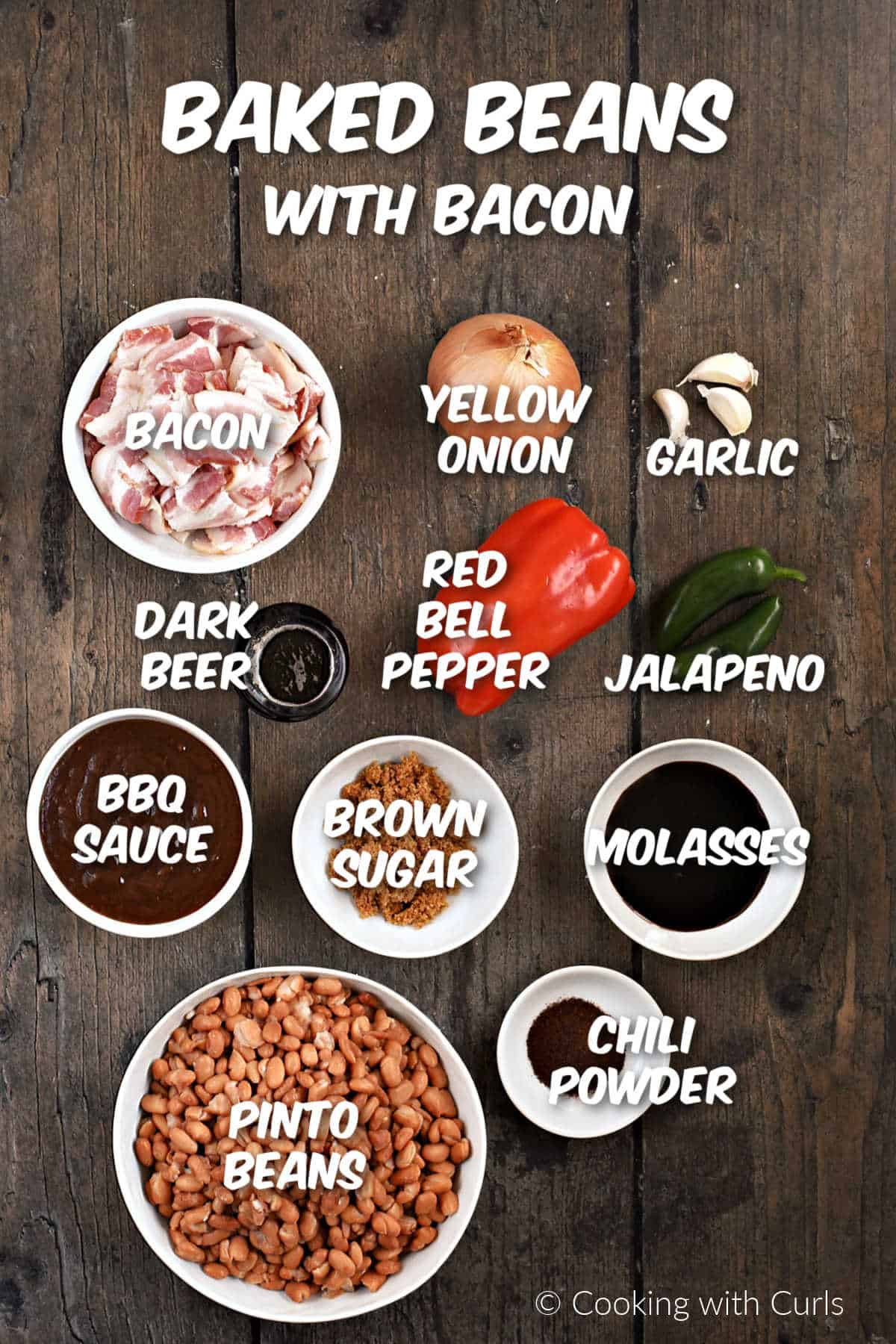 Ingredients needed to make baked beans with bacon.