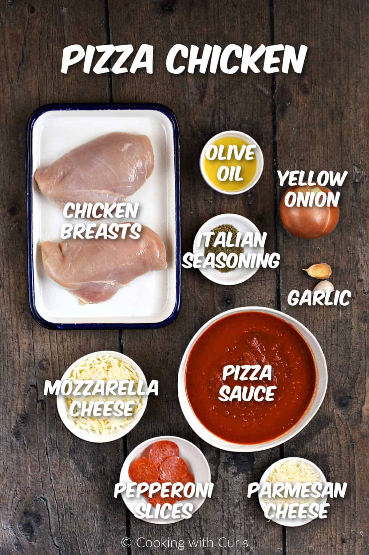 Ingredients needed to make this easy pizza chicken recipe.