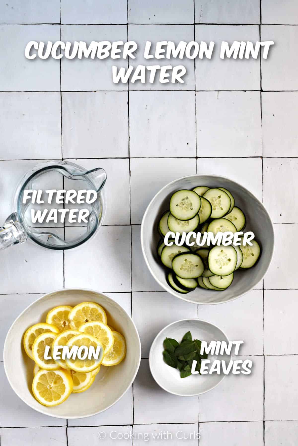 Ingredients needed to make cucumber lemon mint water.