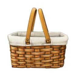 Woven picnic basket with tan fabric liner.