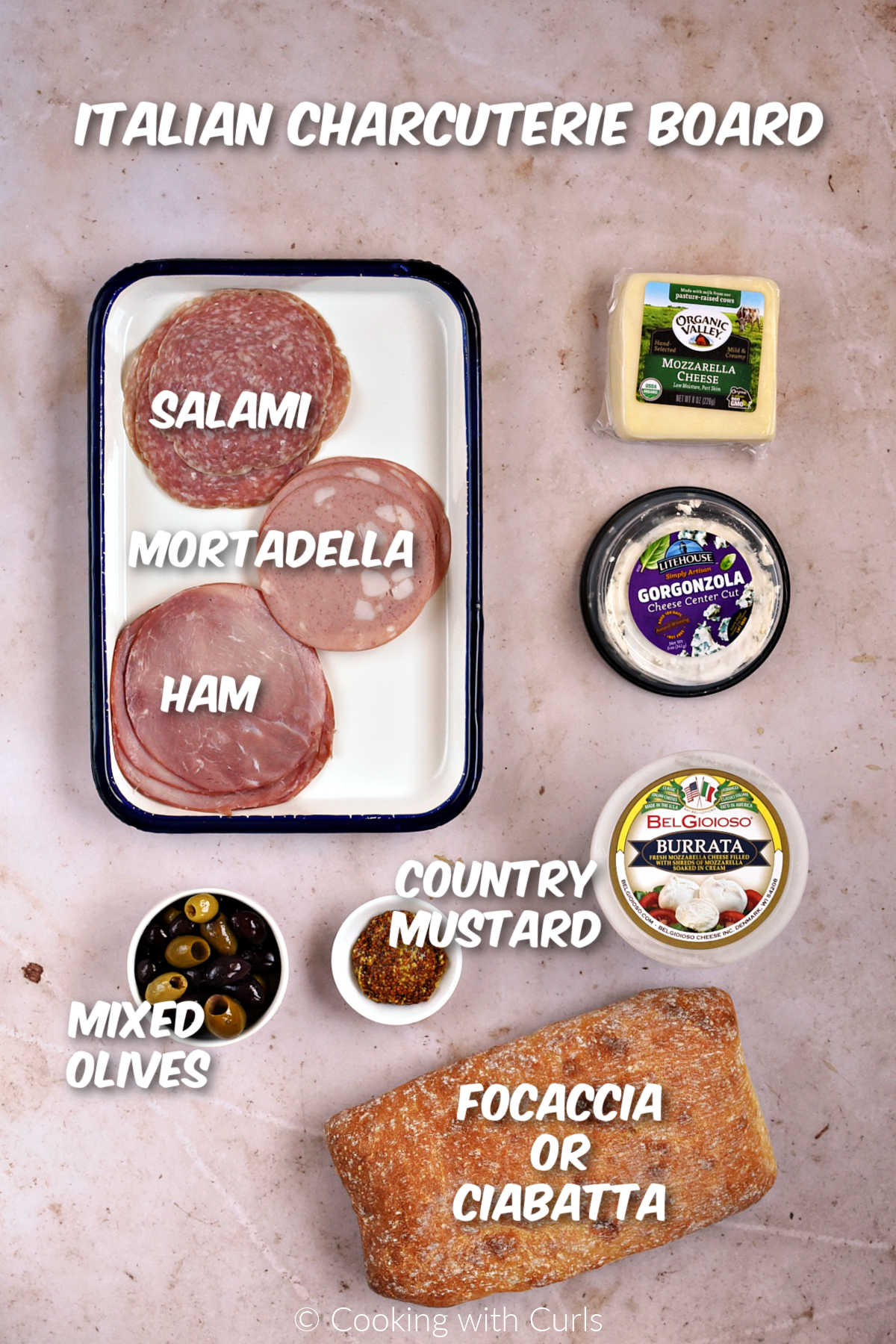 Ingredients needed to make an easy Italian charcuterie board.