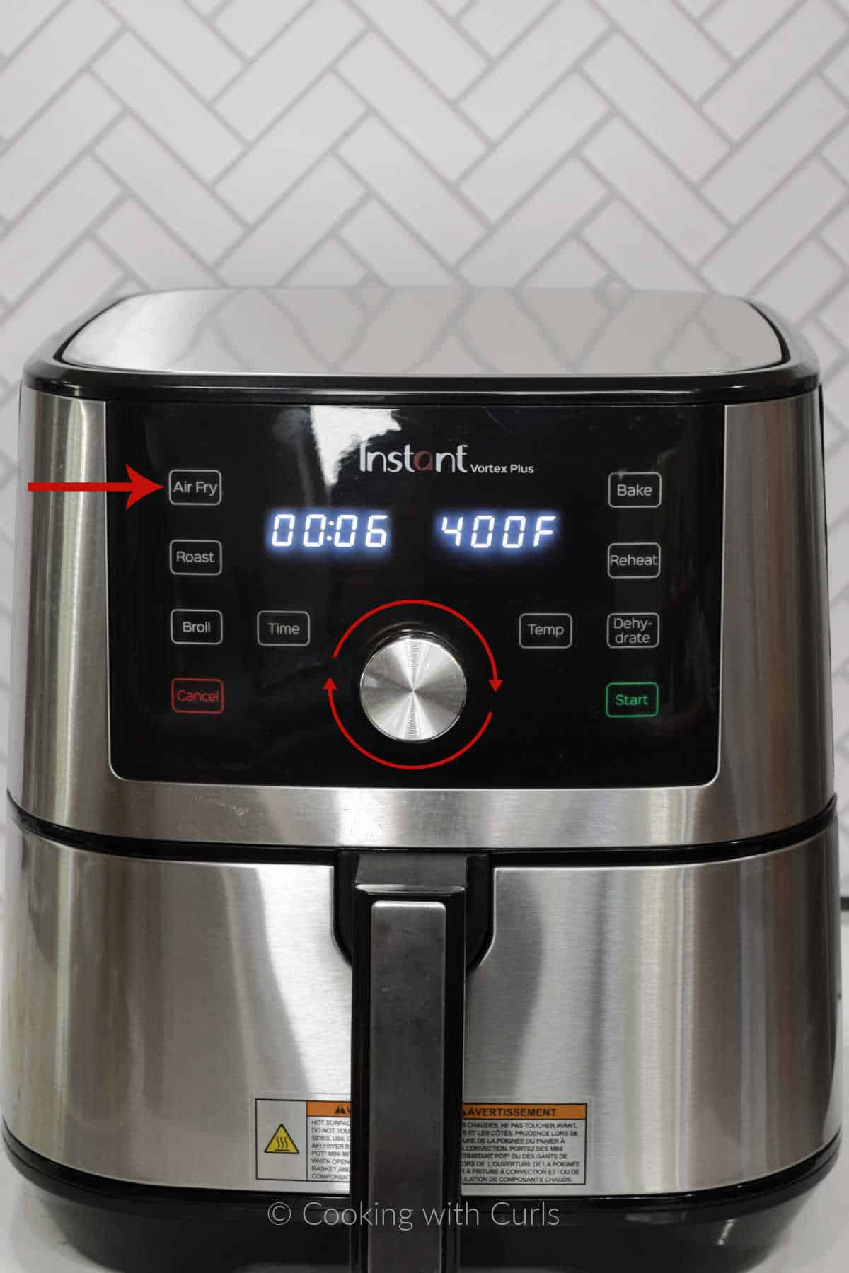 Air fryer set to six minutes at 400 degrees.