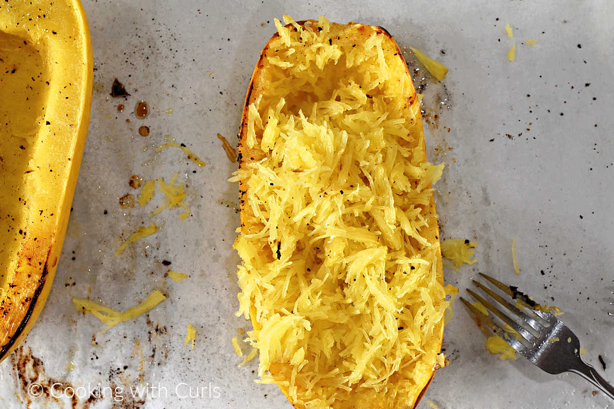 Baked spaghetti squash scraped with fork to make strands.