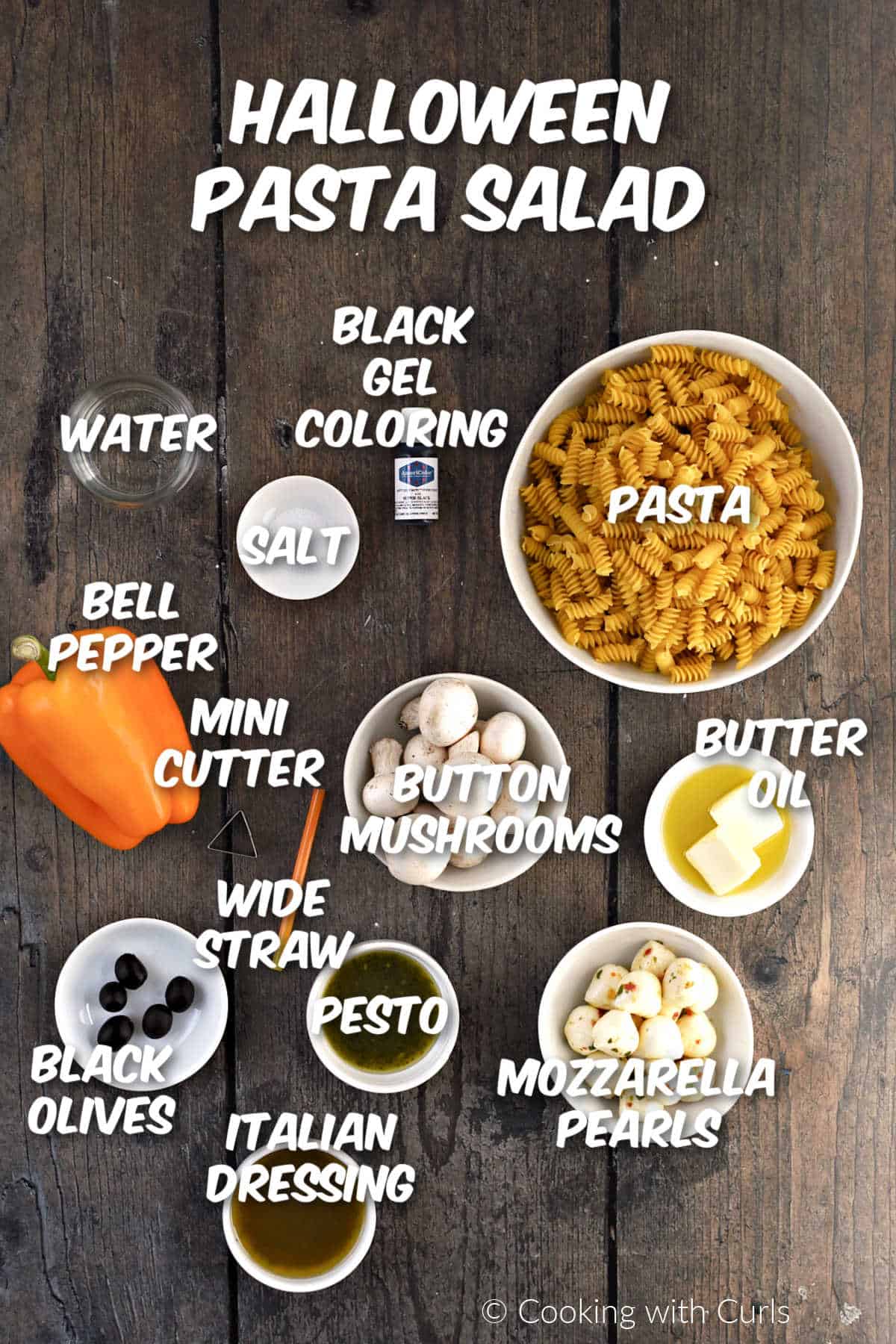 Ingredients needed to make Halloween pasta salad.