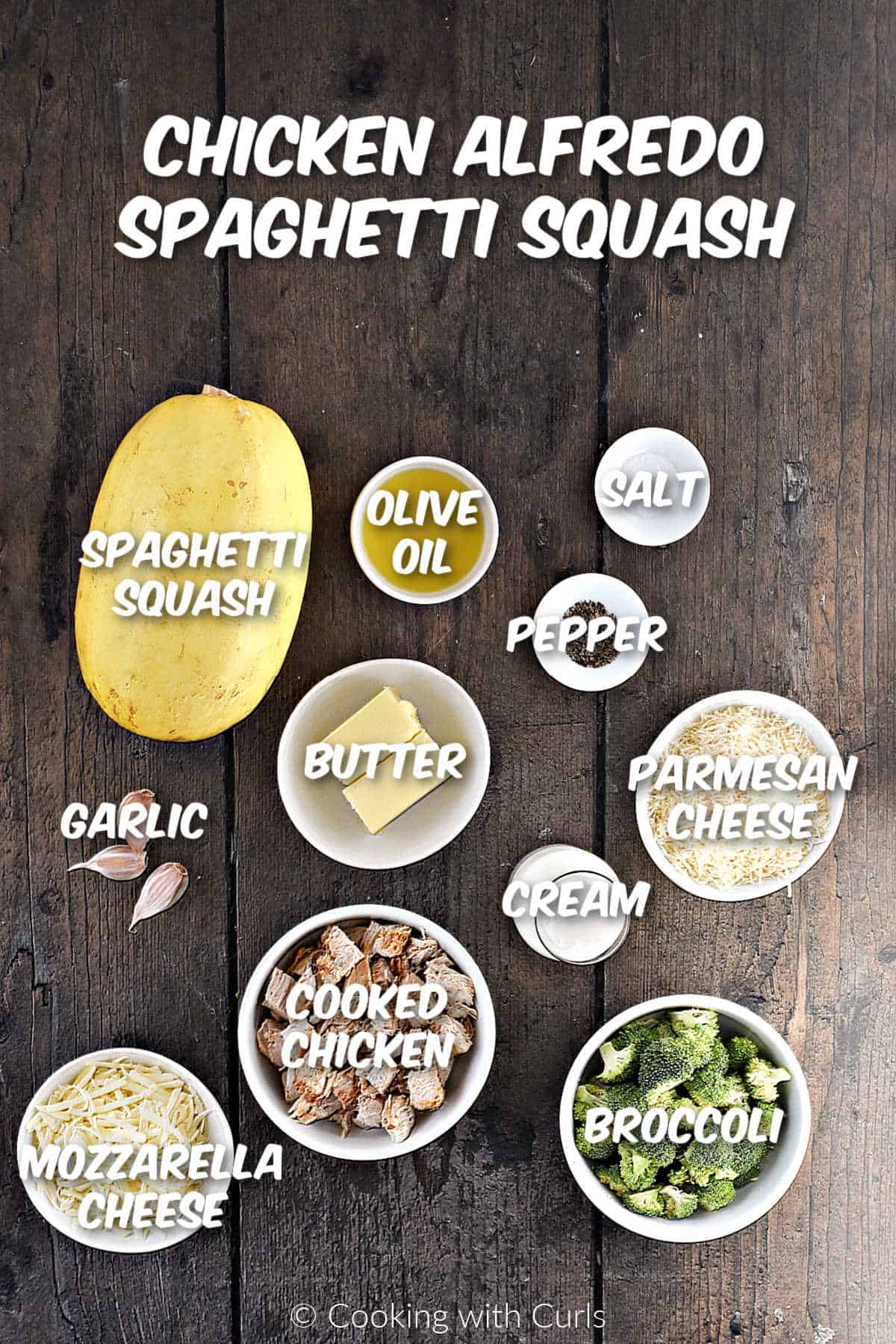 Ingredients to make chicken alfredo spaghetti squash with broccoli and melty cheese.