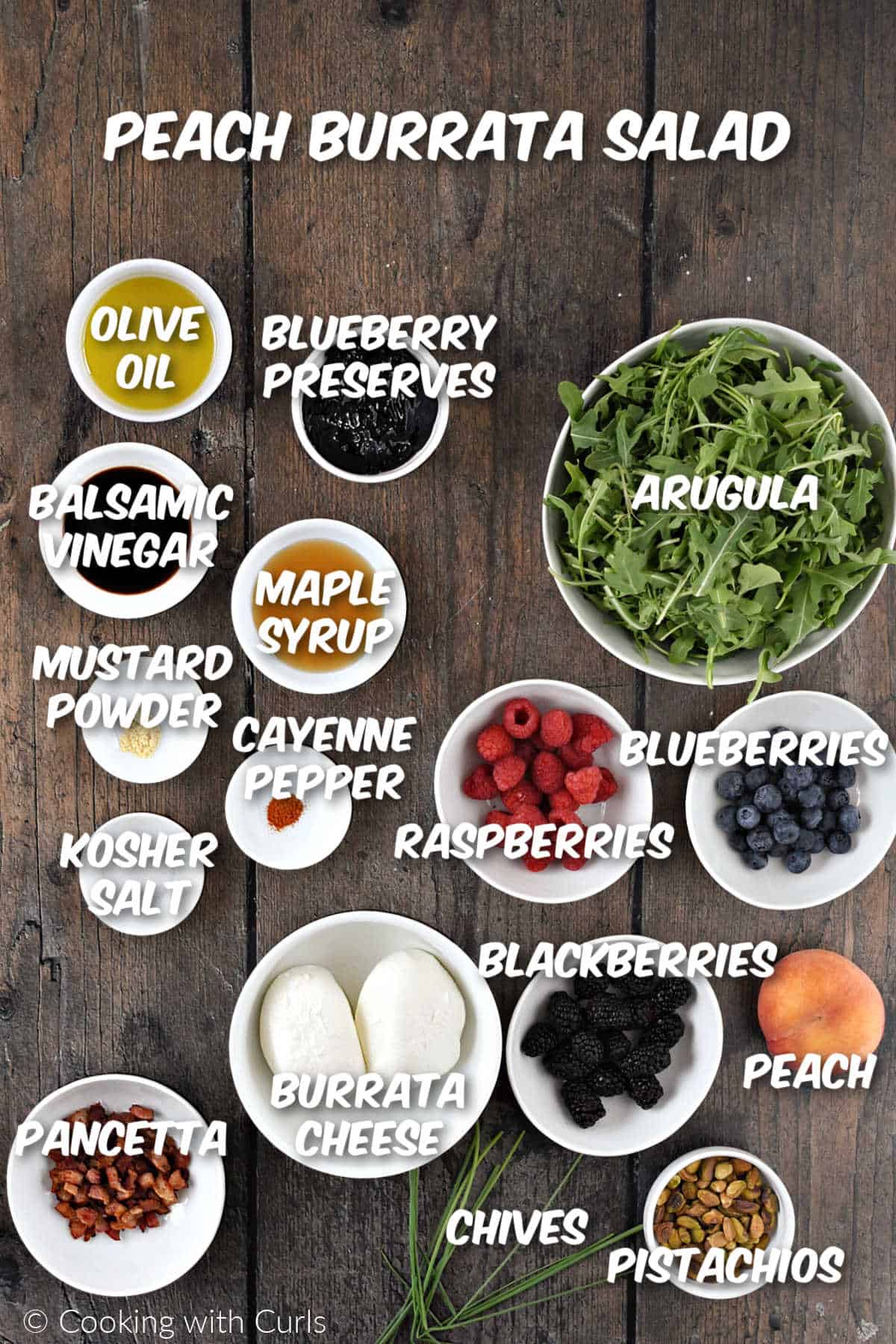 Ingredients needed to make peach burrata salad with berries.