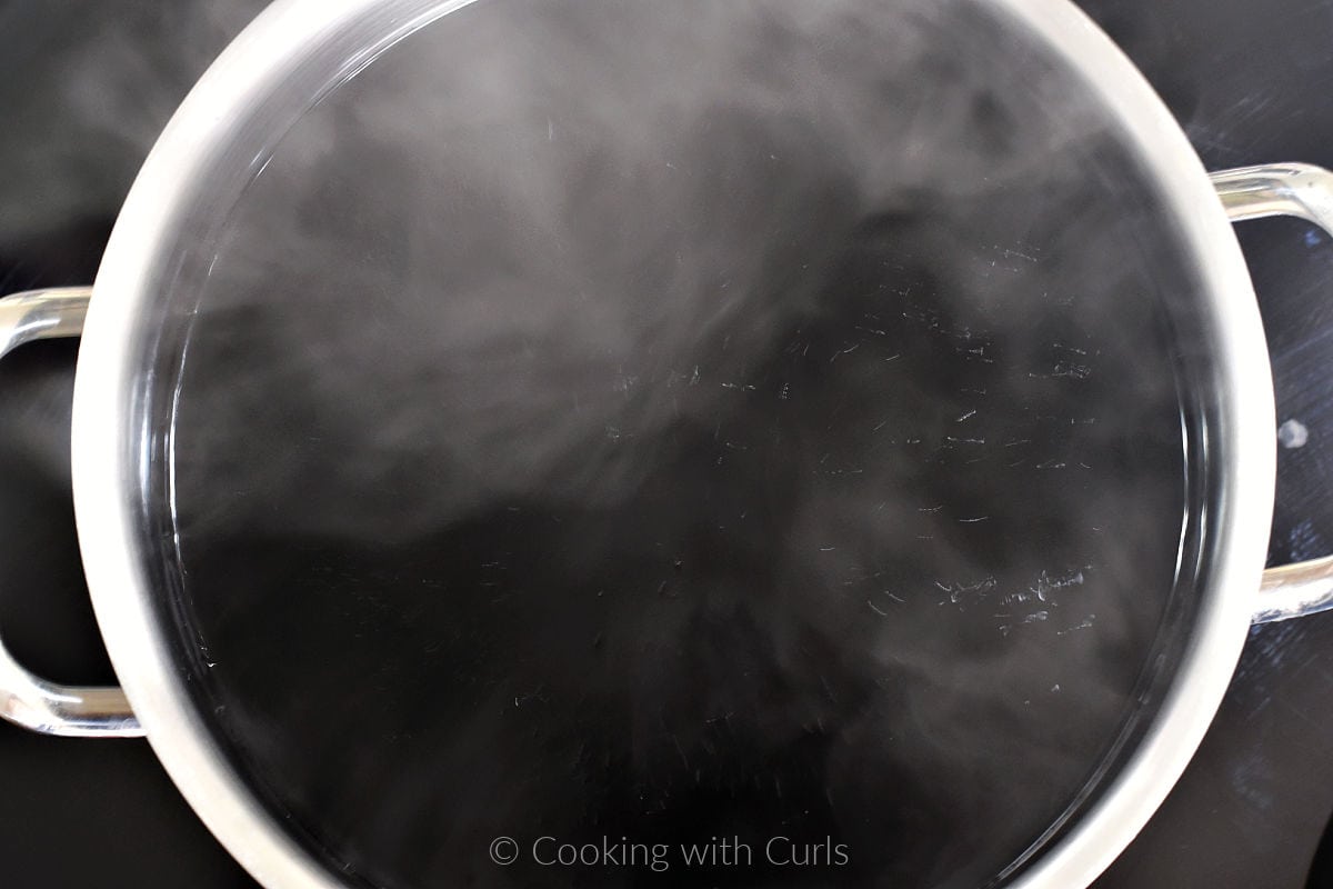 Pot of black boiling water and pasta.