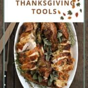 Title graphic for essential kitchen Thanksgiving tools with a carved turkey in the background.
